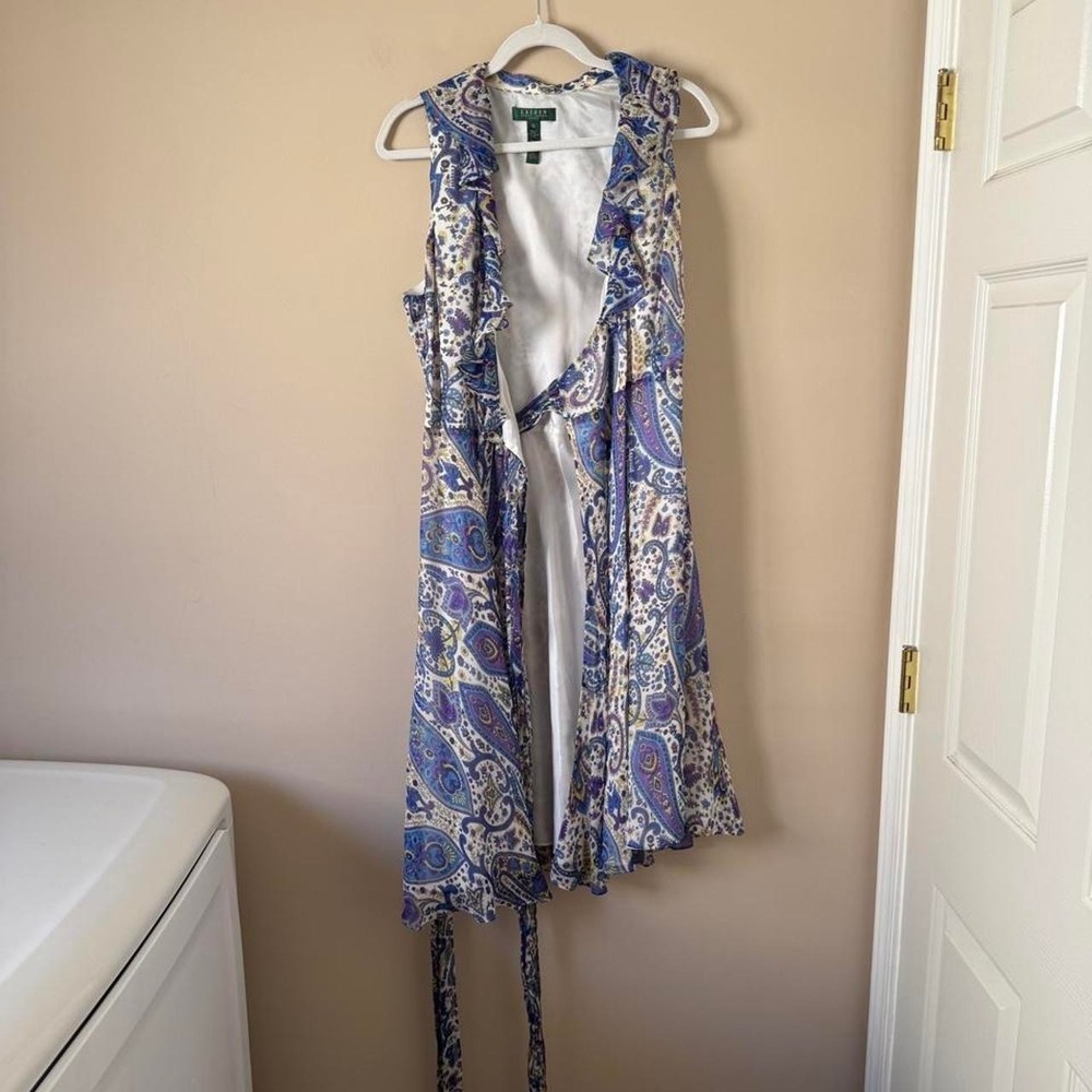 Lauren Ralph Lauren Paisley 100% Silk Wrap Dress White Purple Blue Yellow - Picture 6 of 8